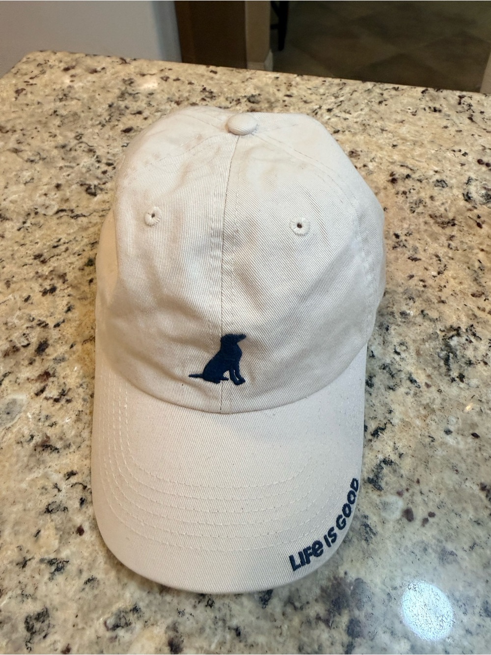 Life Is Good Beige Cap with Navy Dog Embroidery